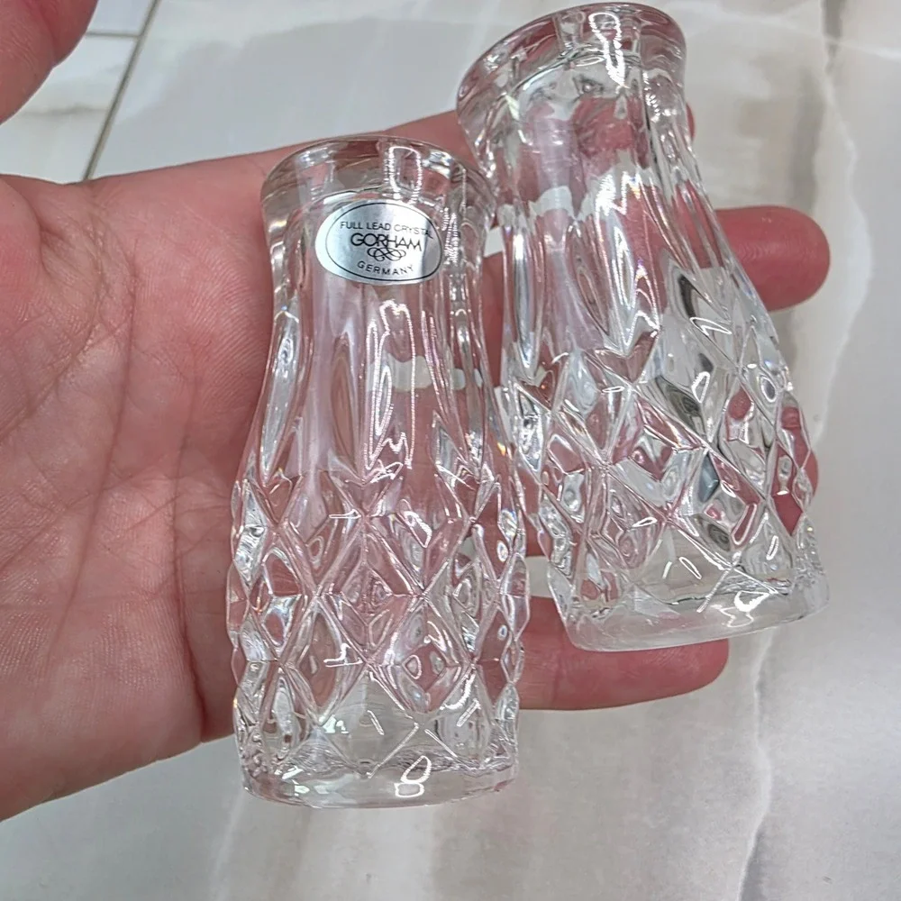 Gorham Full Lead Crystal Salt and Pepper Shakers Diamond Cut Germany 3‎ Inch S3